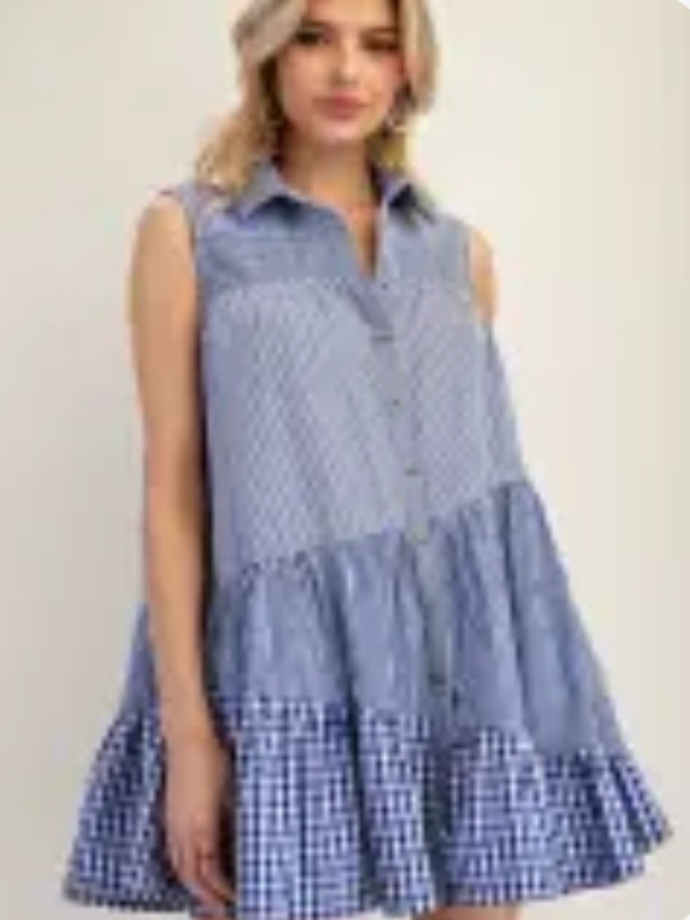 Blue Gingham Tiered Sleeveless Shirt Dress by eesome
